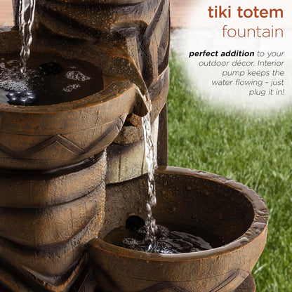 Alpine Corporation GIL838 Outdoor Floor 3-Tiered Soothing Polynesian Tiki Head Bowl Waterfall Fountain, 29", Brown