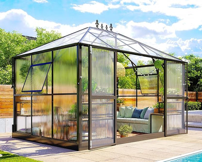 Jocisland 11x8.3x8.6 FT Polycarbonate Greenhouse- 6 FT Wall Height Outdoor Aluminum Greenhouses with 2 Ventilation and Rain Gutter, Double Doors with Hook, Walk-in Greenhouse for Backyard Garden