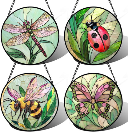 Stained Glass Window Hanging 4 Pcs Set Pink Green Insect Theme 6.3" - Butterfly Suncatcher Door Garden Sun Catcher Decor Birthday Christmas for Mom Woman Nana Men