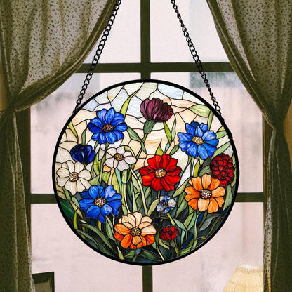 Stained Glass Suncatcher, Colorful Flowers Green Leaf Sun Catcher Landscape Stain Glass Window Hanging Decoration Mother's Day Birthday Gifts for Women Men Mom Nana 9.8 in