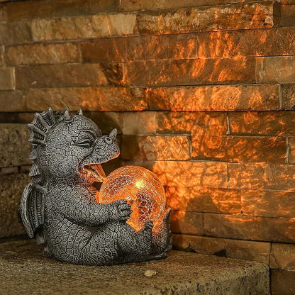 Garden Dragon Statue Solar Powered Outdoor Figurine Light Decor Cute and Hold Glowing Glass Ball Resin Sculpture Home Decoration for Porch Patio Lawn Farm Yard Housewarming Ornament Gift