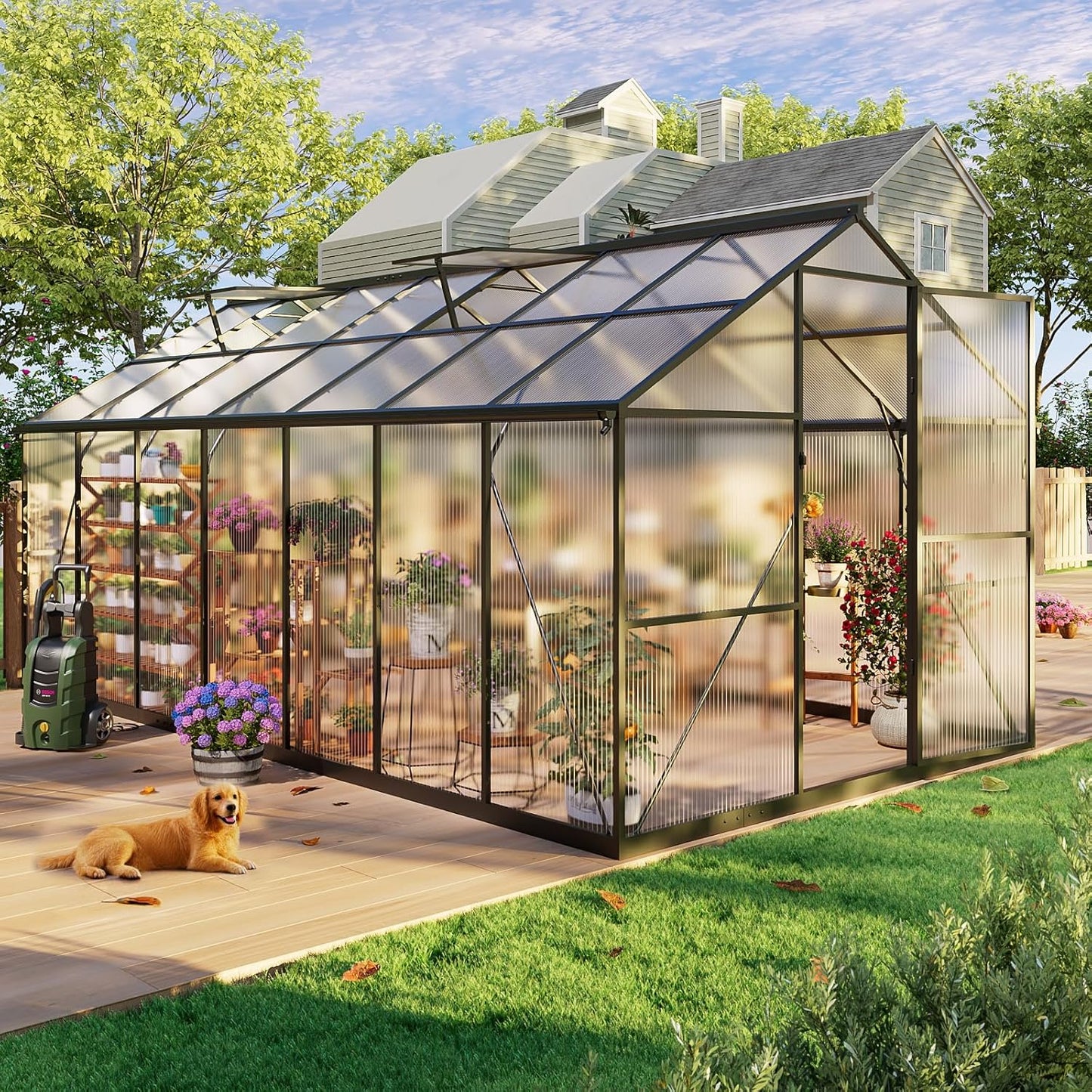 8x14FT Greenhouses for Outdoors, Polycarbonate Green House with UV Protection, Heavy Duty Greenhouse with Windproof Aluminum Frame, Roof Vent & Quick-Install Design for Backyard or Garden Use