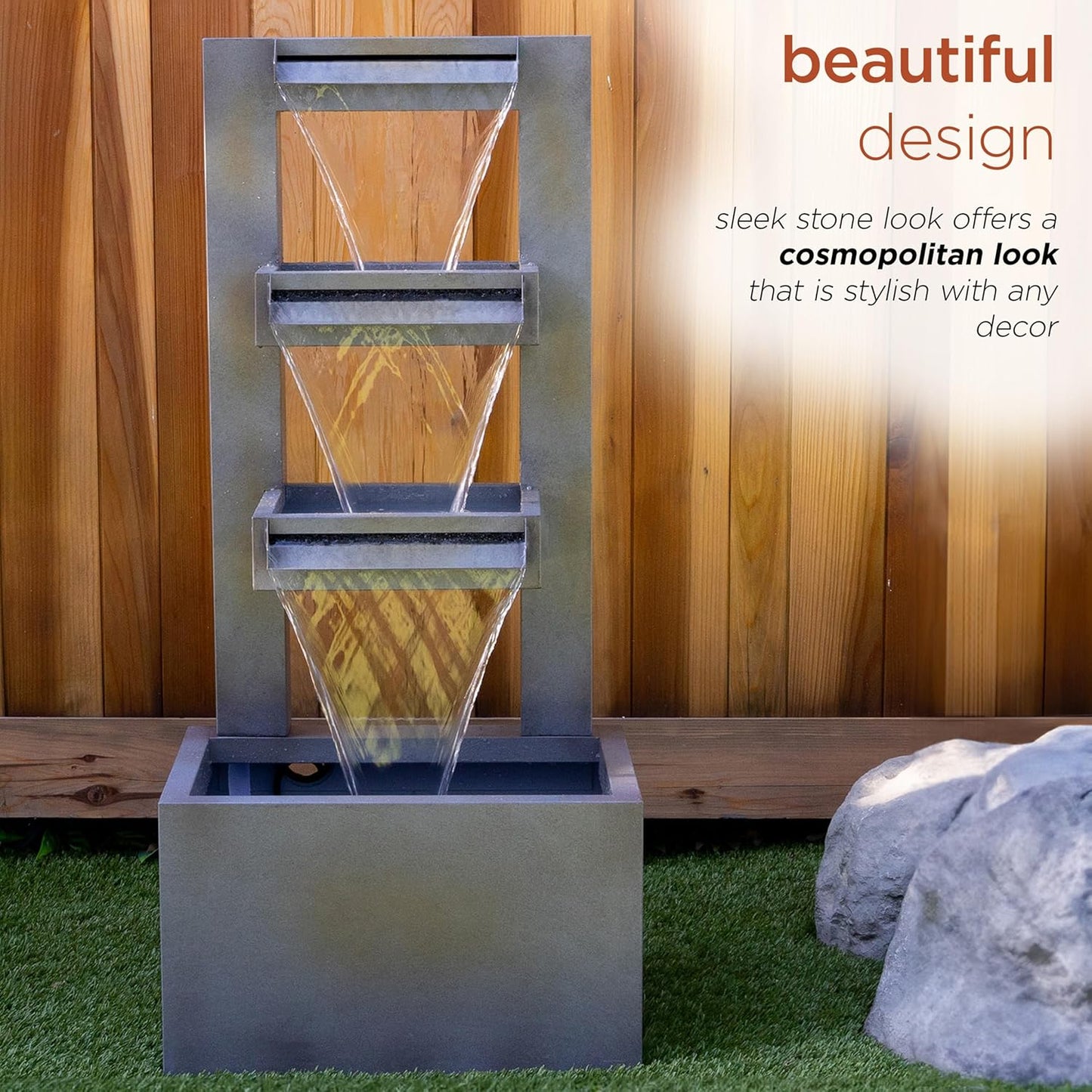 Alpine Corporation 43" Tall Multi-Tier Waterfall Fountain - Industrial Style Water Feature for Garden, Patio, Yard, Backyard, Relaxing Water Flow, and Serene Landscaping, Gray