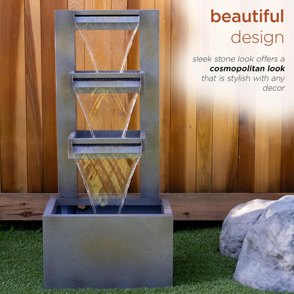 Alpine Corporation 43" Tall Multi-Tier Waterfall Fountain - Industrial Style Water Feature for Garden, Patio, Yard, Backyard, Relaxing Water Flow, and Serene Landscaping, Gray