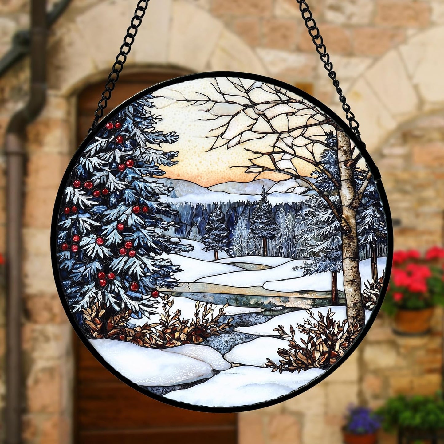 Stained Glass Window Hanging, Winter Snow Landscape Suncatcher Diamond Glass Panel Sun Catchers Decor for Birthday for Women, Men, Wife, Aunt, and Mom 11.8 in