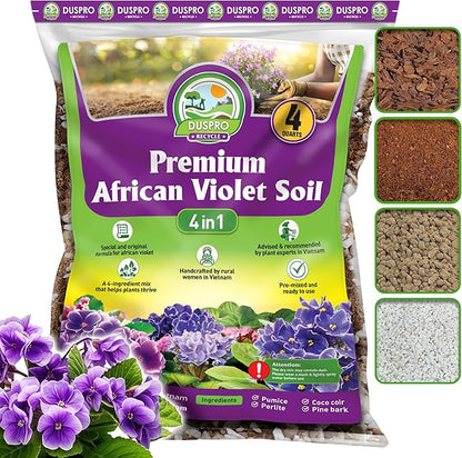 DUSPRO Recycle Premium 4-in-1 African Violet Potting Soil African Violet Soil Blend with Perlite, Coco Coir, Pumice, Pine Bark for Optimal Moisture Retention & Drainage 4QT