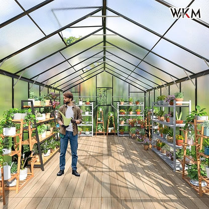WKM 10x18 FT Greenhouse for Outdoors, Polycarbonate Greenhouse with Quick Setup Structure and Roof Vent, Enhanced Aluminum Green House for Garden Backyard, Black