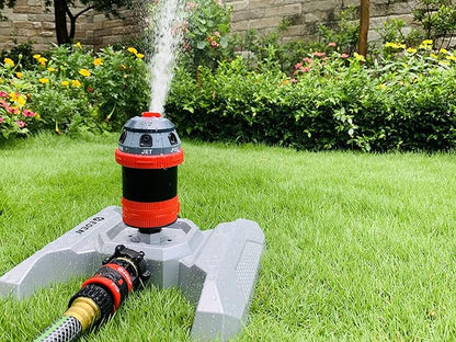 Eden Metal Adjustable 6-Pattern Mobile Rotary Gear Drive Garden Sprinkler Bundle with Flexzilla Garden Hose