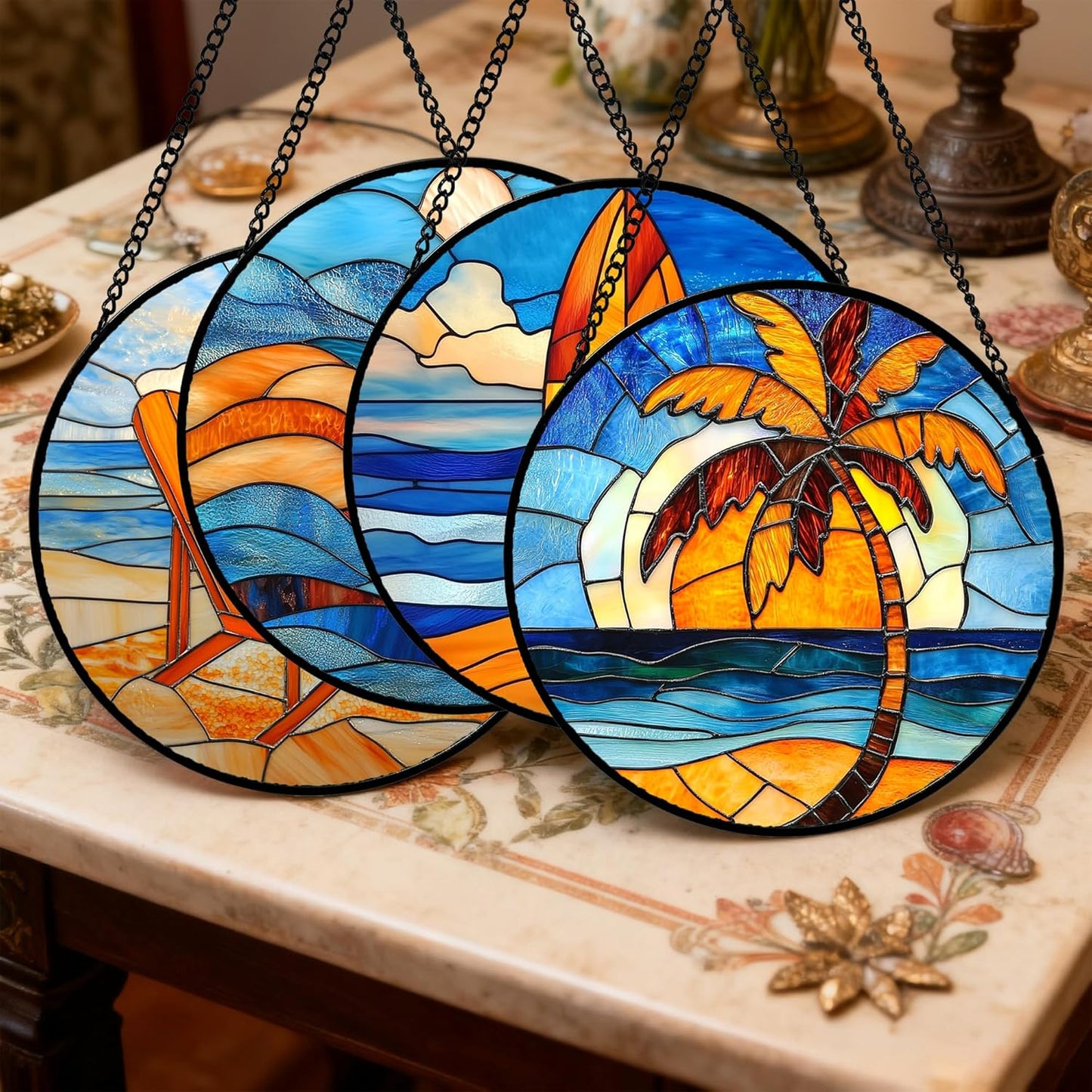 Stained Glass Window Hanging 4 Pcs Set Blue Orange Ocean Beach Theme 6.3" - Suncatcher Door Garden Sun Catcher Decor Birthday Christmas for Mom Woman Nana Men Wife