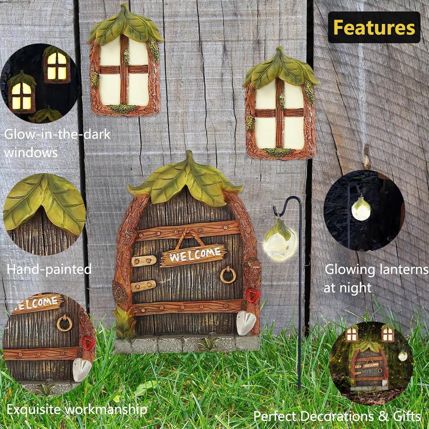 Miniature Fairy Garden Accessories Fairy Door and Windows for Trees, Glow in The Dark Yard Garden Sculpture Lawn Ornament Mini Garden Art Outdoor Decor Accessories with Lantern