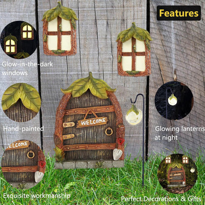 Miniature Fairy Garden Accessories Fairy Door and Windows for Trees, Glow in The Dark Yard Garden Sculpture Lawn Ornament Mini Garden Art Outdoor Decor Accessories with Lantern