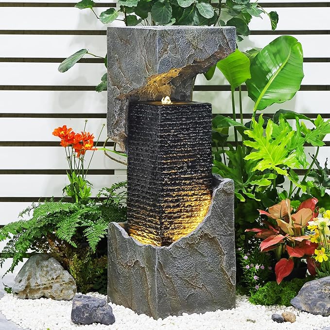35.4" H Water Fall Fountains Indoor Waterfall Fountain Outdoor with LED Lights Floor-Standing for Outside Garden, Patio, Backyard, Deck Decor, Pool, Porch, Landscaping, Balconies