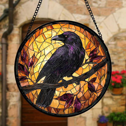Stained Glass Window Hanging - Crow on a Branch Suncatcher Ready to Hang Window Doors Home Decoration and Christmas, Mother's Day Birthday Gifts for Women, Men, and Mom 6.3x6.3 in