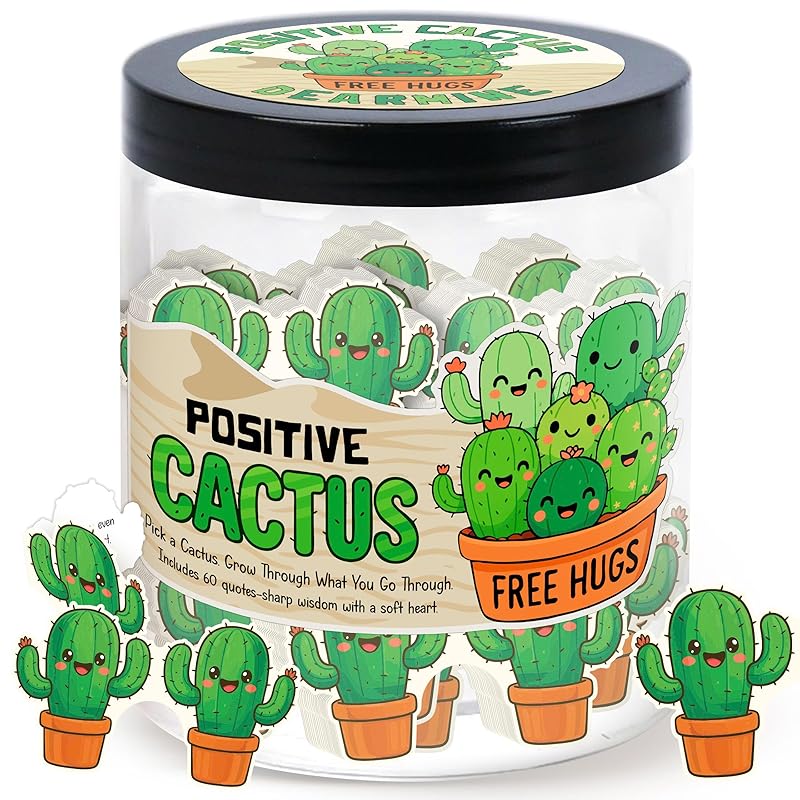 Positive Cactus Jar with 60 Daily Affirmation Cards, Emotional Support Cactus Gifts, Stress Relief, Motivational Gift, Cactus Plushies, Mini Plant Decor, Funny Gifts for Women, Positive Cactus Toy
