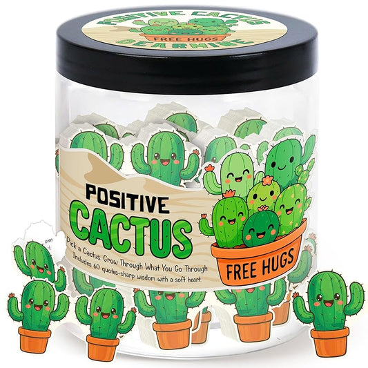 Positive Cactus Jar with 60 Daily Affirmation Cards, Emotional Support Cactus Gifts, Stress Relief, Motivational Gift, Cactus Plushies, Mini Plant Decor, Funny Gifts for Women, Positive Cactus Toy