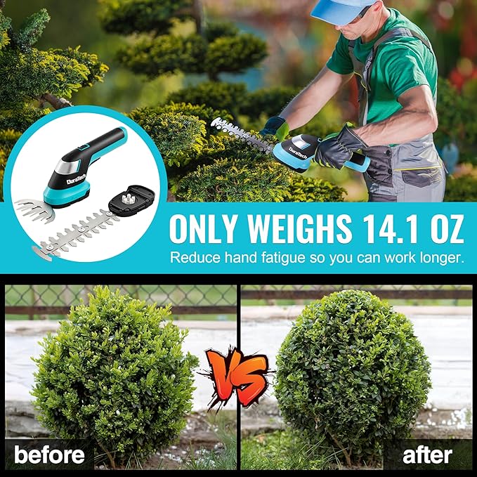 DURATECH Cordless Hedge Trimmer, 7.2V 2-in-1 Handheld Rechargeable Grass Trimmer & Hedge Shears with USB Type-C Cable, Built-in Li-ion Battery, Electric Shrub & Grass Shears for Garden, Yard and Lawn