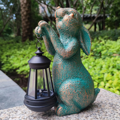 Rabbit Garden Statue Outdoor Décor with Solar Lights Lantern,Rabbit Solar Light Figurines Outside Decorations for Yard，Lawn, Patio, Balcony, Unique Housewarming Gifts