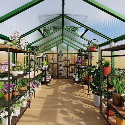 8x12 FT Polycarbonate Greenhouse with Roof Vent - Large Aluminum Walk-in Greenhouse Kit for Gardening, Backyard, Patio, Lawn - Easy Assembly