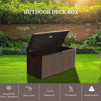 TARKARI Premium Pro Edition 180 Gallon Lockable Resin Deck Box, Waterproof & UV-Resistant Outdoor Storage Box for Outdoor Cushion Storage, Garden Tools & Pool Accessories Storage, Brown
