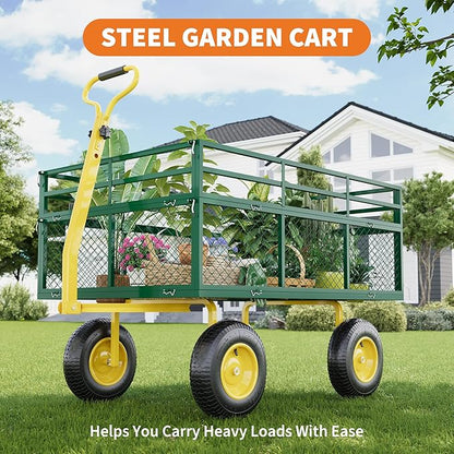 3-in-1 Heavy-Duty Steel Garden Cart, 1400 Lbs Garden Wagon, with 13 Inch All-Terrain Tires and Removable Mesh Side Panels, 180° Rotating Handle, Metal Multi-Function Carts, Outdoor Gardens Wagon Cart