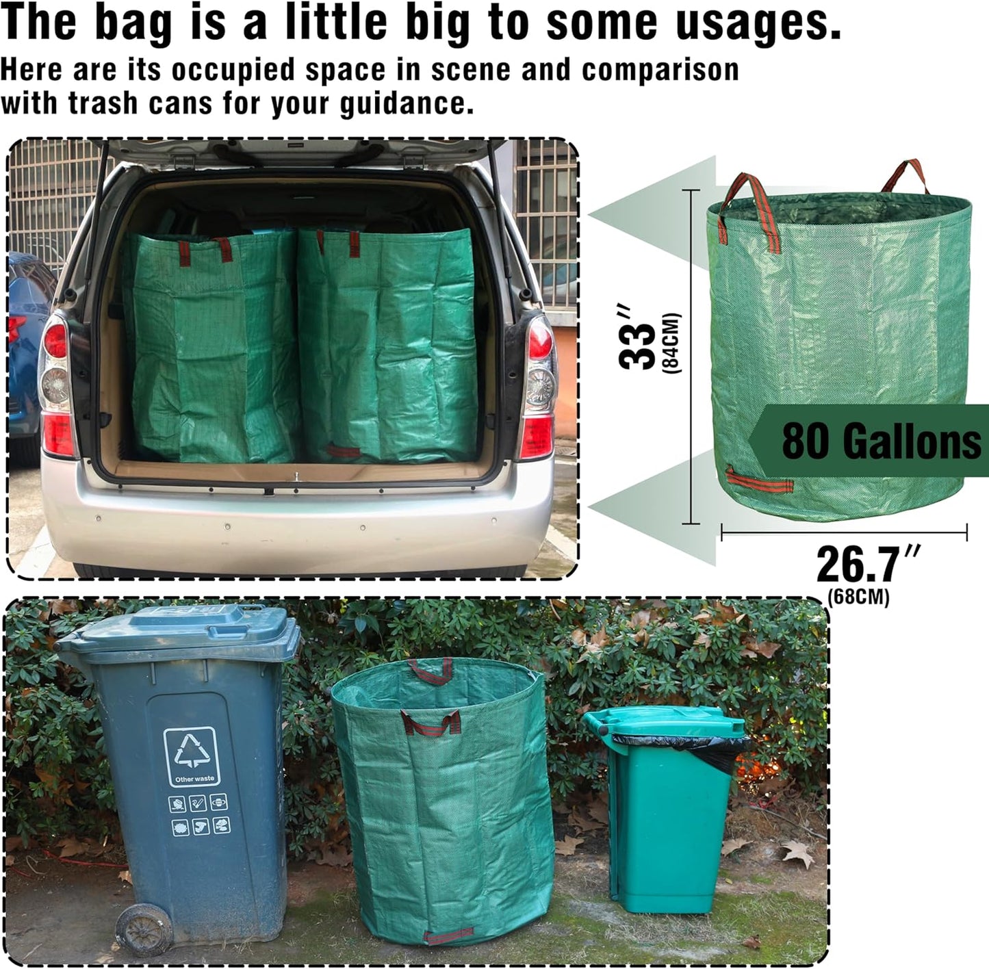 Gardzen 3-Pack 80 Gallon Yard Waste Bags, Reusable Heavy Duty Collapsible Garden Leaf Bags with Plastic Ring, Stand-Up Yard Waste Bin for Leaves, Lawn Debris & Grass Clippings