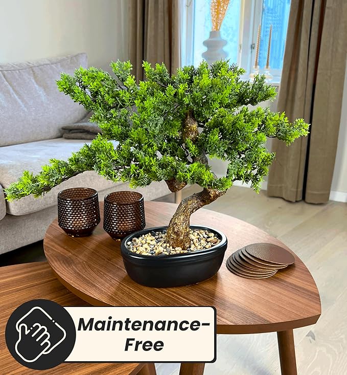 Artificial Bonsai Tree 16" Tall with Realistic Wood and Ceramic Pot Fake Plants Cypress Juniper Pine Zen Faux Plants for Home Bedroom Office Bathroom Japanese Decor