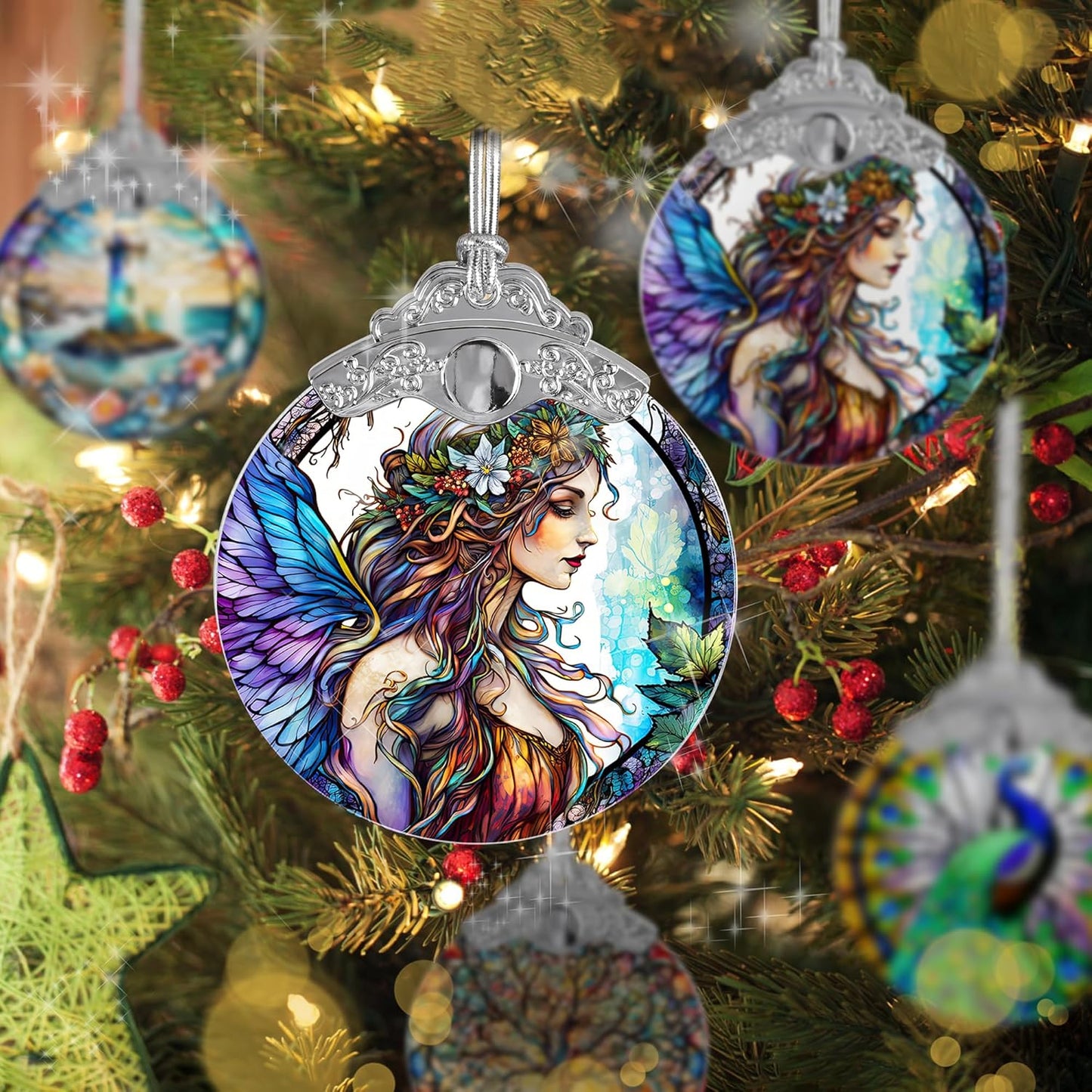 Stained Glass Suncatcher, Jocidea Fairy Ornament, Christmas Ornaments, Holidays Ornaments, Christmas Tree Decor, Fairy Decor for Home, Fairy Gifts