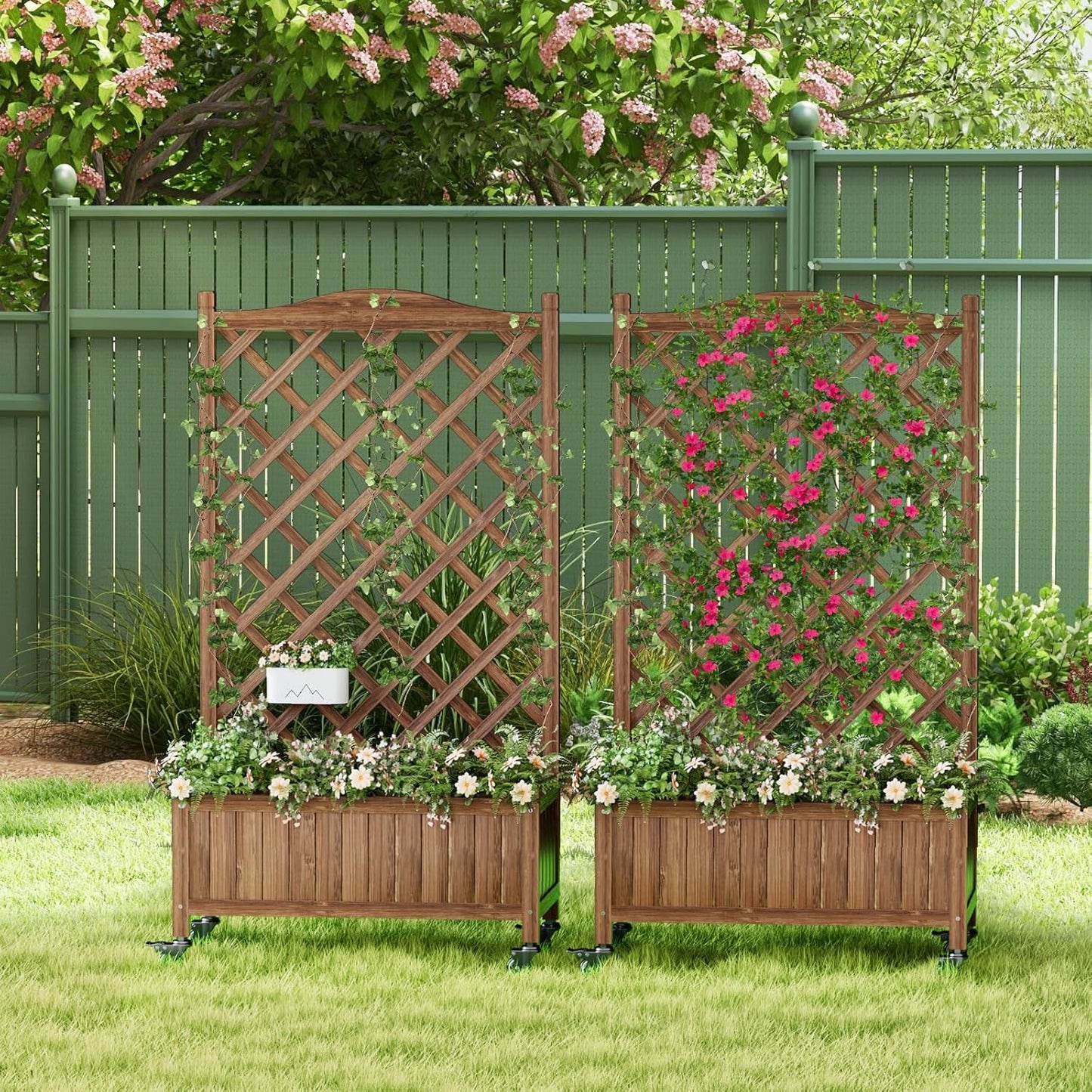 Upgraded 2-Pack 50" Tall Trellis Planter Box with Wheels, 49.8"H × 27.6"W × 13.0"D Solid Fir Wood Raised Garden Bed & Lattice Privacy Screen, Rolling Planter with Drainage for Patio/Garden