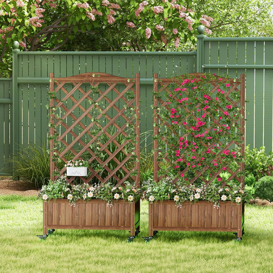 Upgraded 2-Pack 50" Tall Trellis Planter Box with Wheels, 49.8"H × 27.6"W × 13.0"D Solid Fir Wood Raised Garden Bed & Lattice Privacy Screen, Rolling Planter with Drainage for Patio/Garden