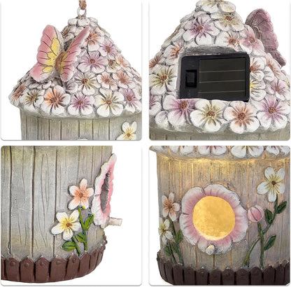 Hanging Bird House for Outdoor with Solar Light, Nesting Box Garden Resin Decor, Pet Cottage Birdhouse with Pole Decoration for Small Hummingbird Blue Bird Sparrow Chickadee