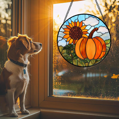 Stained Glass Window Hanging Fall Farm Scenery Sunflower Pumpkin Large 11.8" - Suncatcher Door Garden Kitchen Sunroom Sun Catcher Home Decor Birthday for Mom Grandma Men Woman