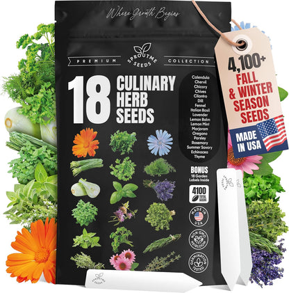 18 Culinary Seeds Variety Pack - Herb Garden Starter Kit with Plant Markers | 4100+ Non-GMO Heirloom Herb Seeds for Indoor, Outdoor Planting: Basil, Cilantro, Parsley, Oregano, Rosemary & Thyme Seeds