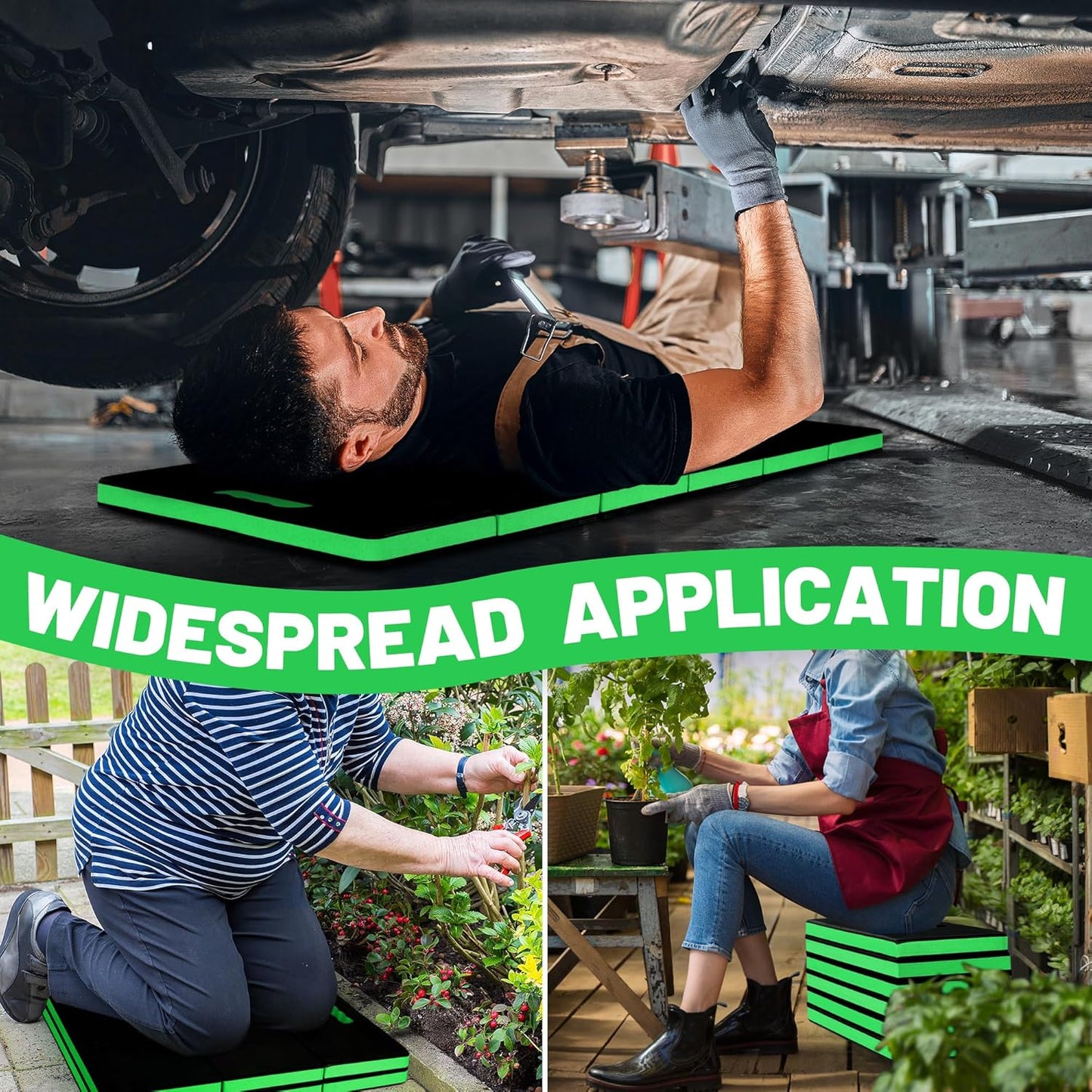 Extra Thick Kneeling Pad for Working Under Car, 47.2 * 17.7 * 1.2" Portable Foldable EVA Mechanic Mat for Garage, Gardening, Yardwork, Workshop, Green & Black