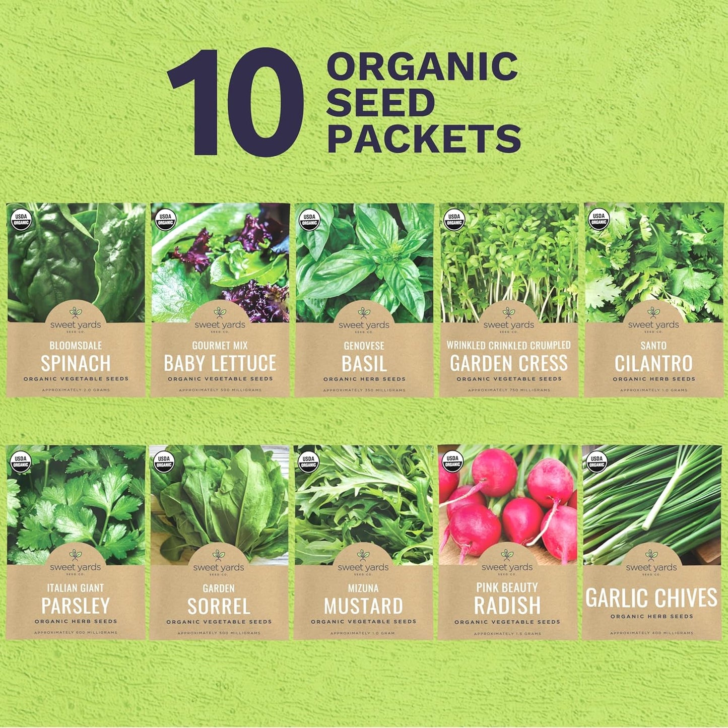 Organic Window Sill Seeds Variety Pack - 10 Individual Packs - 2025 Season - Basil, Cilantro, Pink Beauty Radish and More! for Indoor & Outdoor Planting (Non-GMO, Certified Organic)