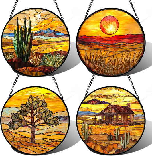 Stained Glass Window Hanging 4 Pcs Set Desert Sunset Theme Landscape Large 11.8" - Suncatcher Door Garden Sun Catcher Decor Birthday Christmas for Mom Woman Nana Men