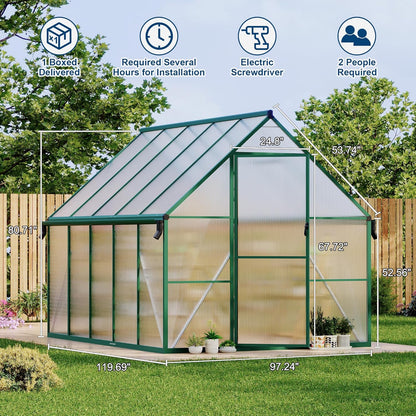 8'X10' Aluminum-Framed Polycarbonate Greenhouse, Heavy Duty Polycarbonate Greenhouse with Quick Setup Structure and Roof Vent, Large Enhanced Aluminum Greenhouses Kit for Outdoors