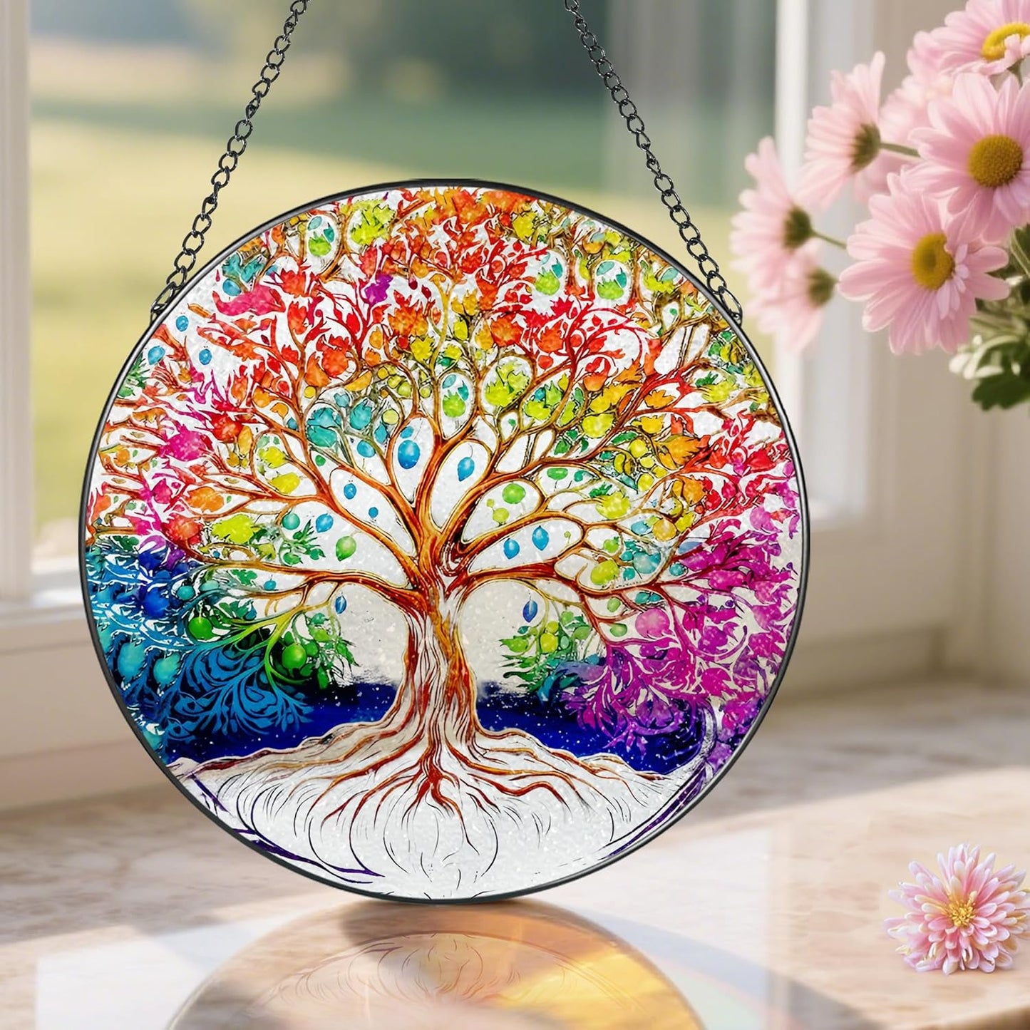 Stained Glass Window Hanging, Pauyadu Tree of Life Sun Catchers Indoor Window, Tree of Life Suncatcher Decor Gifts for Women, Mom, Grandma, Elder, Family and Friends- 8 Inch