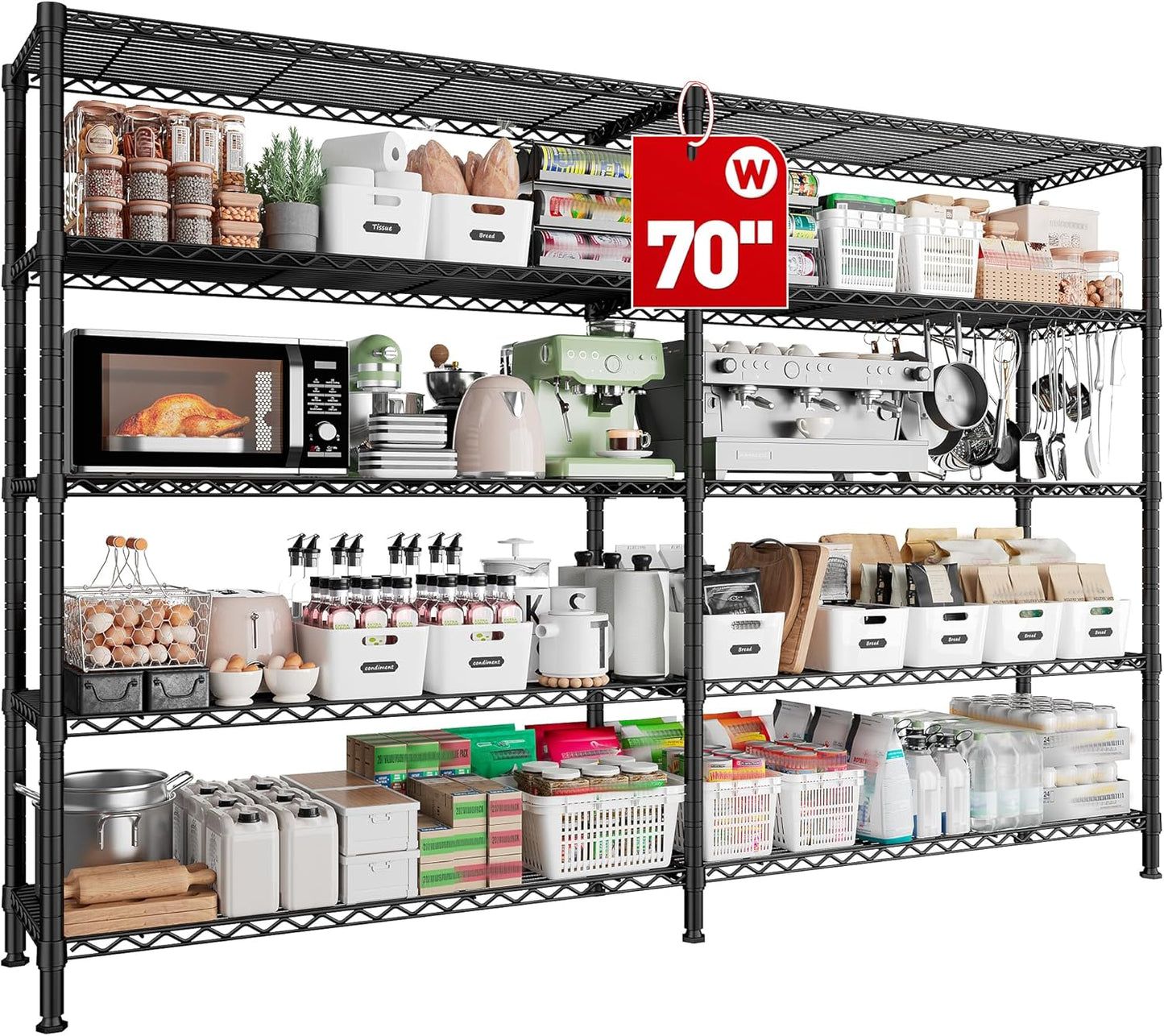REIBII 70" W Storage Shelves Load 1600LBS,Metal Shelving 5-Tier Wire Shelving Unit Garage Shelving for Storage Adjustable Metal Shelves for Pantry Kitchen Garage Commercial, 70" W*15.8" D*72.4" H