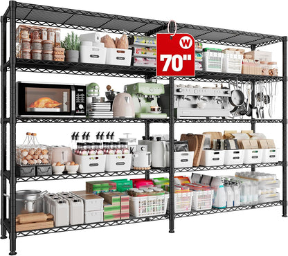 REIBII 70" W Storage Shelves Load 1600LBS,Metal Shelving 5-Tier Wire Shelving Unit Garage Shelving for Storage Adjustable Metal Shelves for Pantry Kitchen Garage Commercial, 70" W*15.8" D*72.4" H