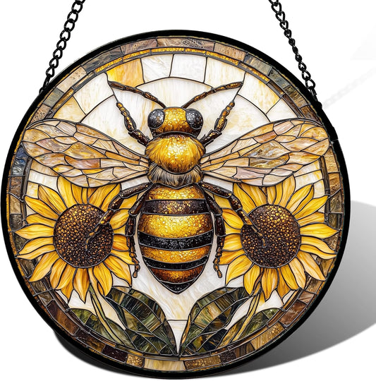 Stained Glass Window Hanging - Bee Sunflower Yellow Suncatcher Ready to Hang Window Doors Home Decoration and Christmas, Mother's Day Birthday Gifts for Women, Men, and Mom 14.9x14.9 in
