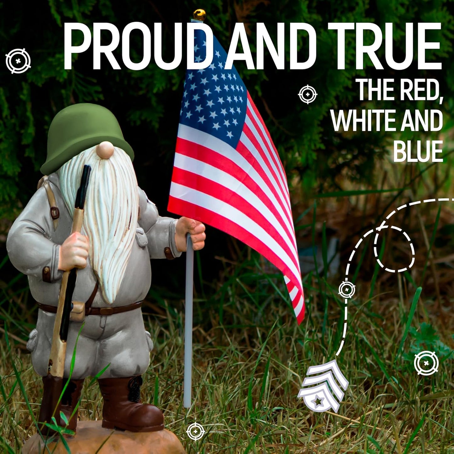 Patriotic Solar Garden Gnome with American Flag, 11" Resin Armed Garden Gnomes Outdoor Statue, Military Yard Gnome Decor, Gift for 4th of July, Memorial Day, Veterans Day