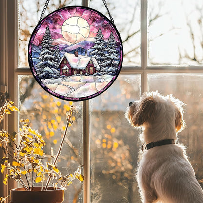 Stained Glass Window Hanging - Winter Snow Scene Cabin Moon Sun Catcher for Door Garden Home Decor Pine Tree Suncatcher Christmas Mother's Day Birthday Gifts for Women Men Mom Nana 11.8 in