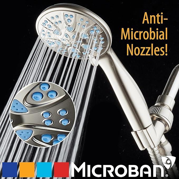 AquaDance Anti-Clog High-Pressure 6-Setting Hand with with Microban Nozzle Protection from Growth of Mold & Mildew for Stronger Shower! Aqua Blue Jets – 1.8 GPM