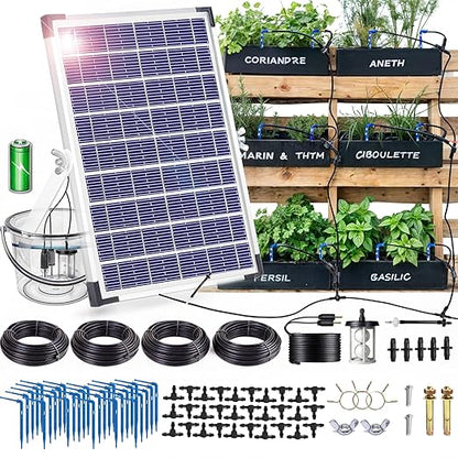 RISINGUP Solar Drip Irrigation System with Timer, Programmable Smart Watering with 2200mAh Battery, Automatic Plants Watering System for 30 Potted Plants Outdoor Garden, Patio, Balcony, Greenhouse