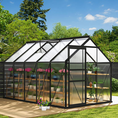 DWVO 6x10FT Polycarbonate Greenhouse Heavy Duty Green Houses Outdoor Aluminum Greenhouses with Sliding Doors Vent Window Walk-in Greenhouse Large Sun House for Garden Backyard, Black