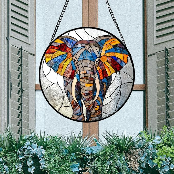 Stained Glass Window Hanging, Colorful Elephant Sun Catcher for Door Home Decor Animal Suncatcher Christmas Mother's Day Birthday Gifts for Women Men Mom and Nana 7.8 in