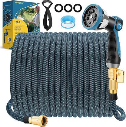 Non-Expanding Garden Hose 150 ft, Flexible Water Hose with 10 Function Spray Nozzle, Lightweight Hose Pipe, Leak-Proof, Durable, Kink-Resistant, 3/4 Inch Connector, Portable Storage Strap