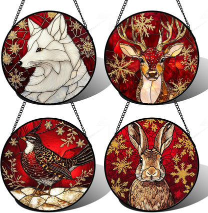 Stained Glass Window Hanging 4 Pcs Set Red Golden Snowflakes Large 15" - Christmas Elk Rabbit Suncatcher Door Garden Sun Catcher Decor Birthday for Mom Woman Nana Men
