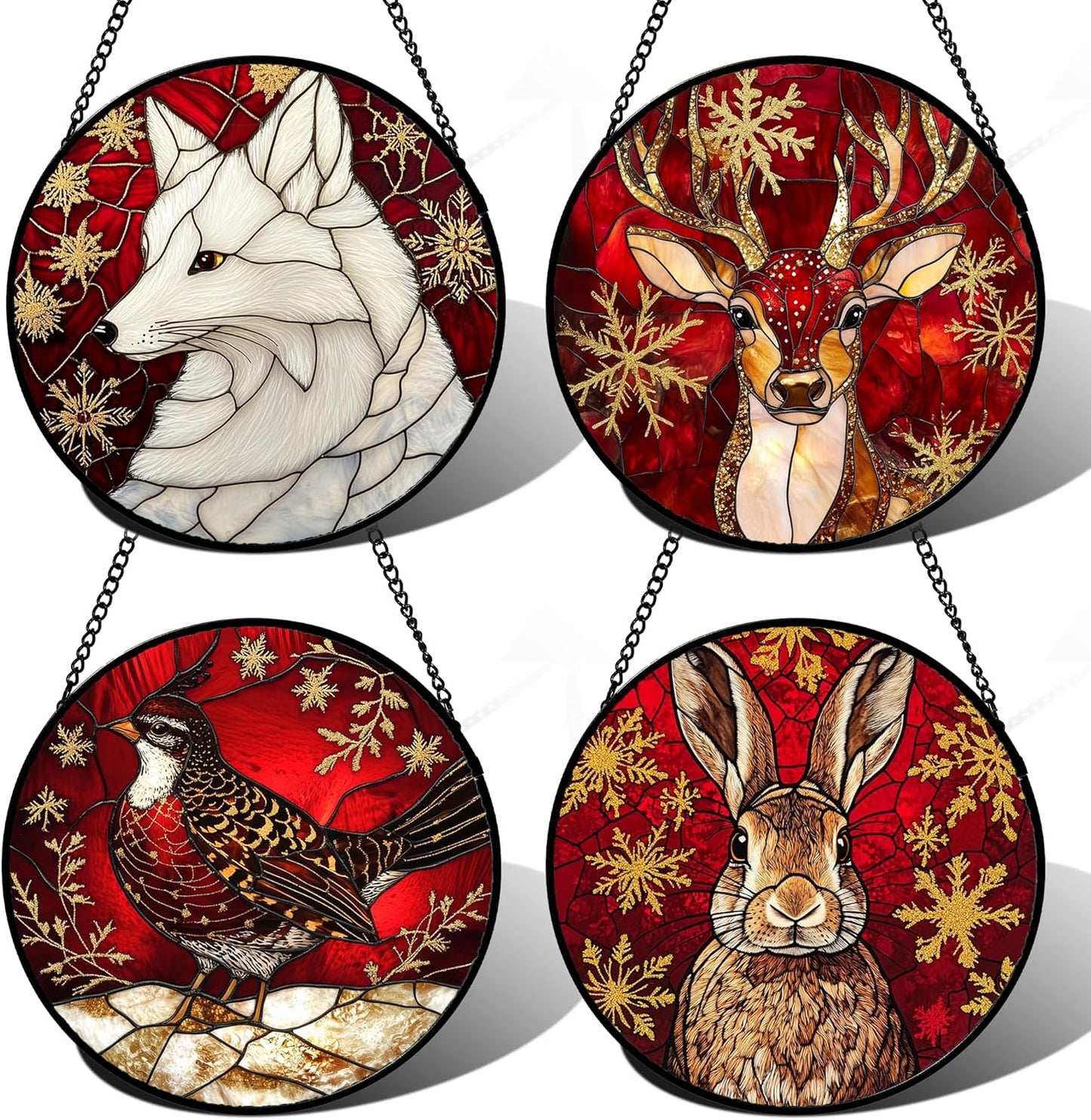 Stained Glass Window Hanging 4 Pcs Set Red Golden Snowflakes 9.8" - Christmas Elk Rabbit Suncatcher Door Garden Sun Catcher Decor Birthday for Mom Woman Nana Men