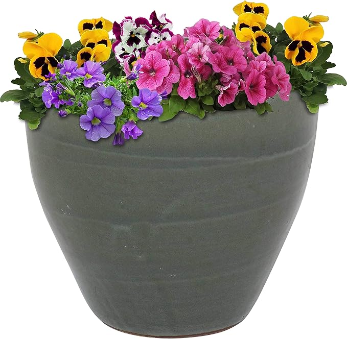 Sunnydaze Large Ceramic Plant Pot - Round Outdoor Glazed Ceramic Planter Pot with Drainage -Resort - Gray - 13.5"